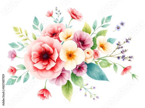 A delicate watercolor bouquet with pink roses, yellow blossoms, and green leaves. Hand-painted floral illustration for elegant celebrations.