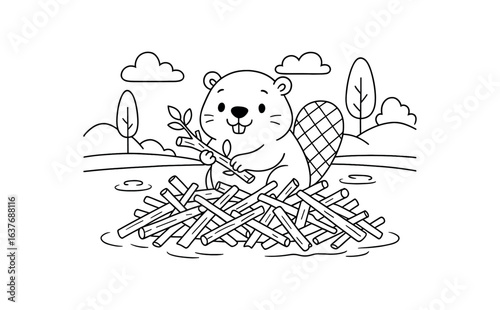 Beaver building dam stroke illustration cute kids coloring book style. Fun and wholesome theme made for children