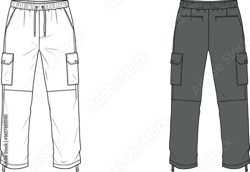Cargo pants front view, elastic waistband, drawstring hem, flap pockets, stitching detail, fashion flat illustration
