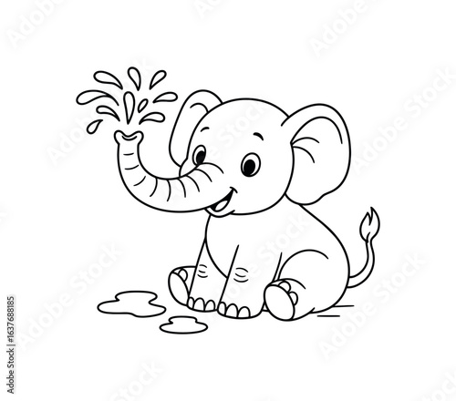 Elephant spraying water stroke illustration cute kids coloring book style. Fun and wholesome theme made for children
