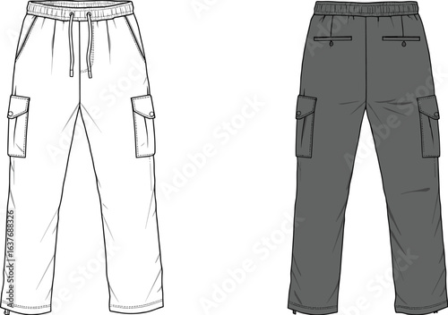 Cargo pants technical drawing, front, back view, drawstring waist, flap pockets, elastic hem, fashion flat