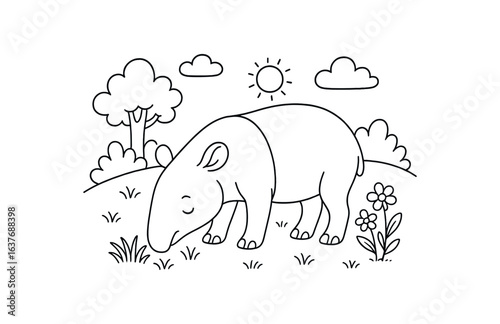 Tapir grazing stroke illustration cute kids coloring book style. Fun and wholesome theme made for children
