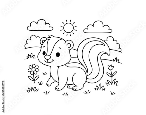 Skunk field stroke illustration cute kids coloring book style. Fun and wholesome theme made for children