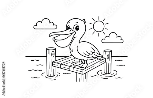 Pelican on dock stroke illustration cute kids coloring book style. Fun and wholesome theme made for children