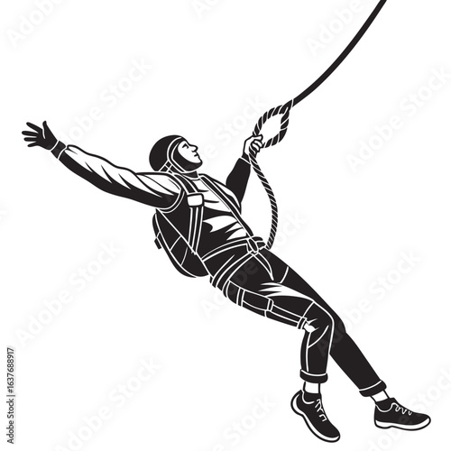 Monochromatic Illustration of a Person Rappelling Down a Rope with Arms Outstretched Against White Background