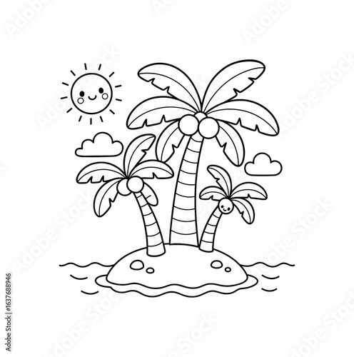 Tropical island palm trees stroke illustration cute kids coloring book style. Fun and wholesome theme made for children
