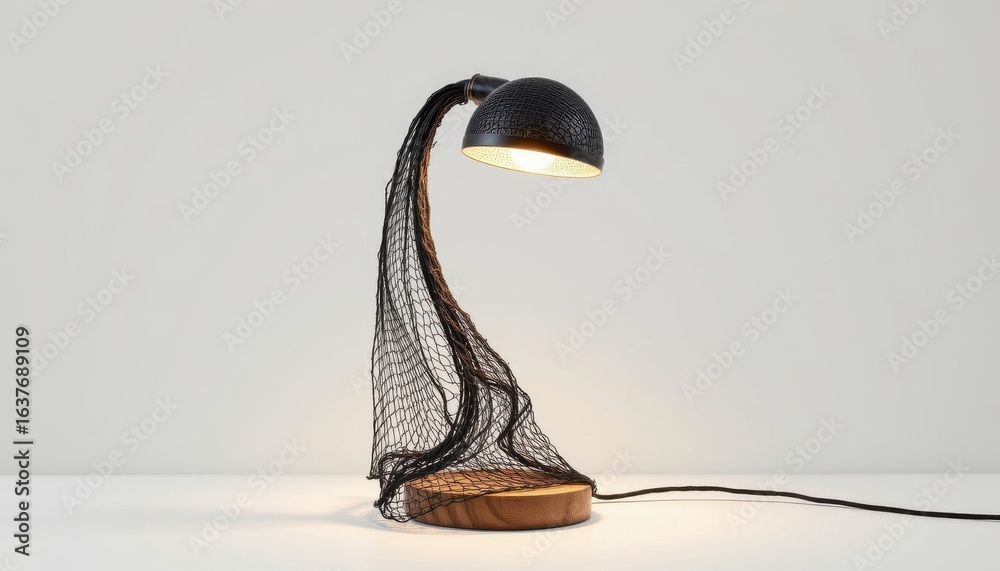 Obraz premium a high resolution, ultra sharp isolated object of a desk lamp featuring biodegradable fishing net fibers design elements, placed on a pure white background with no shadow or minimal soft shadow
