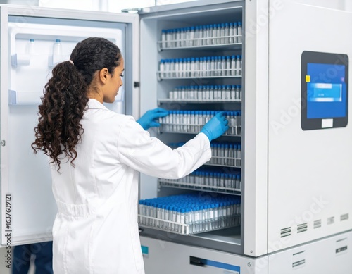 Wallpaper Mural Woman scientist organizing samples in laboratory freezer Torontodigital.ca