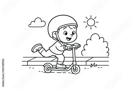 Scooter sidewalk ride stroke illustration cute kids coloring book style. Fun and wholesome theme made for children