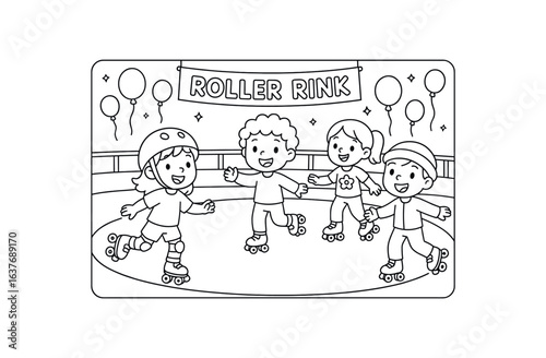 Roller skating rink stroke illustration cute kids coloring book style. Fun and wholesome theme made for children
