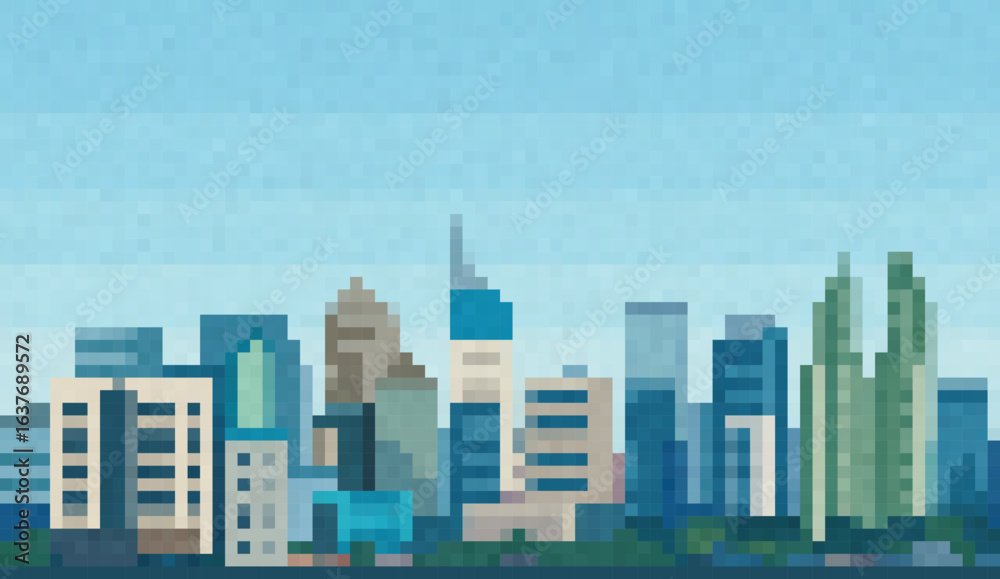 Naklejka premium Pixel art illustration of Jakarta city skyline with modern skyscrapers, blue sky background, and urban architecture, perfect for digital art, game assets, and cityscape design