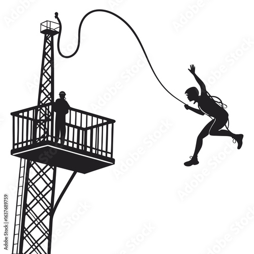 Silhouette of a Daredevil Bungee Jumper Leaping from a Tower with an Observer on the Platform, A Thrilling Recreation