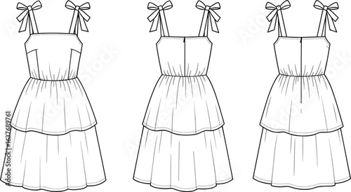 Tiered dress technical sketch, spaghetti straps, bow detail, fitted bodice, fashion flat, design variation illustration