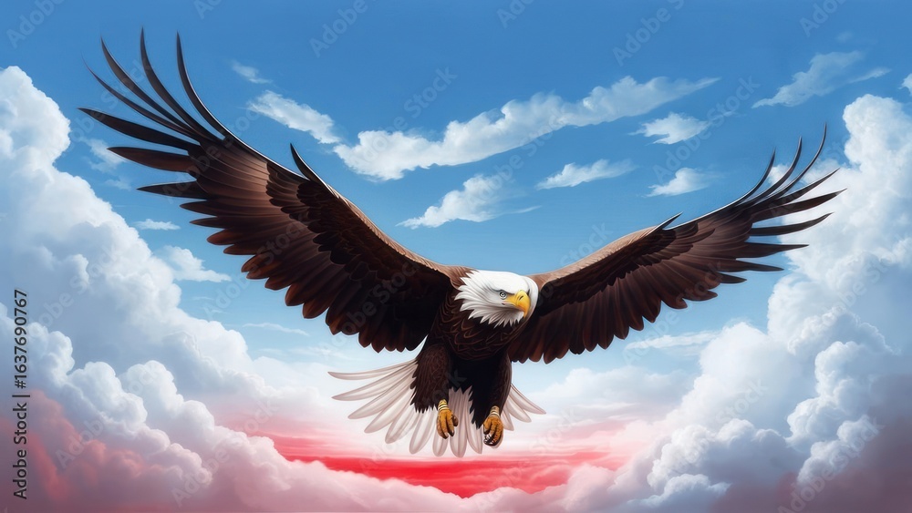 Obraz premium Majestic Bald Eagle Soaring Through Dramatic Red and Blue Sky Clouds.