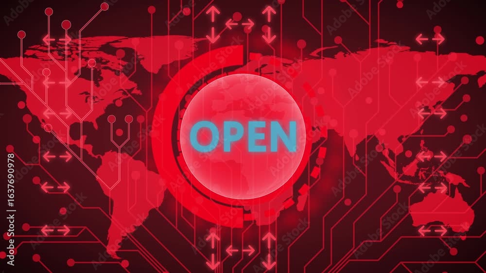 open sign animation on technology black background. Open sign with ...