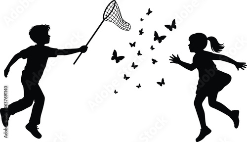 Children, silhouette, butterfly net, chasing, running, play, outdoor, nature, vector, black, fun, innocence