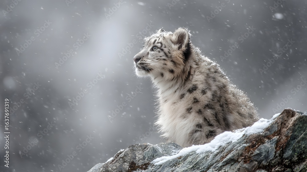 Fototapeta premium A snow leopard sits atop a snow-covered rock in a snowy landscape.