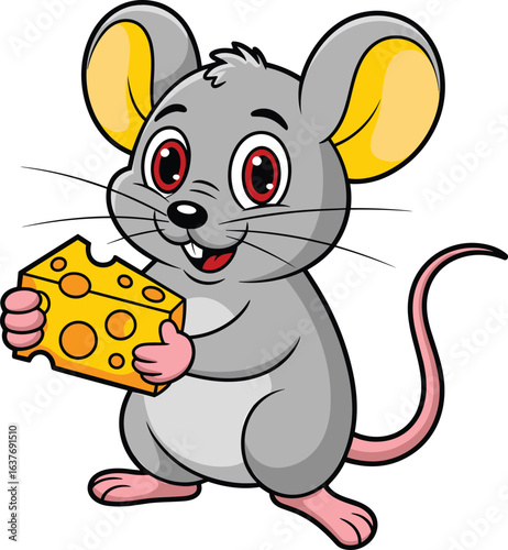 Cute cartoon gray mouse holding cheese – adorable rodent mascot character illustration for children’s designs, books, or educational materials.