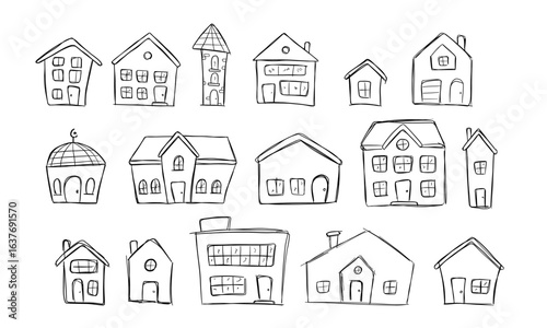 Doodle hand drawn house and home sketch illustration collection