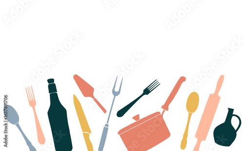 Cooking  Background with empty spase for text. Doodle Set of Isolated Kitchen Utensils in pastel colors. Restaurant Design Poster. Vector illustration. Culinary blog border. 