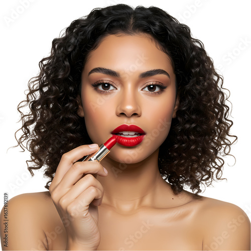 Stunning Woman Applying Red Lipstick: Beauty, Makeup, Cosmetics, Portrait