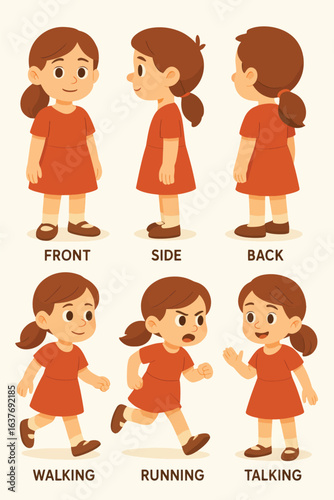 Cartoon girl character in various poses illustration
