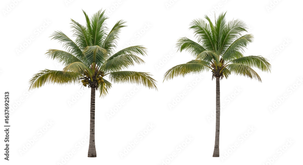 Obraz premium Two Lush Coconut Palm Trees Isolated on White Background Perfect for Tropical Designs