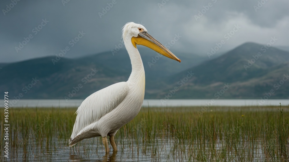 Obraz premium Dalmatian Pelican wades through shallow water at Lake Kerkini in Central Macedonia during a cloudy day