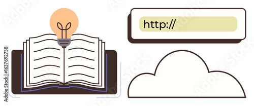 Open book with glowing light bulb symbolizing ideas, URL bar for digital access, cloud for cloud storage. Ideal for online education, innovation, digital libraries, e-learning, cloud computing