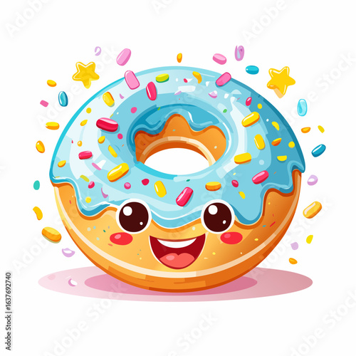 Smiling Donut Delight: A delightful, cartoon-style donut with a cheerful face, vibrant blue frosting, and colorful sprinkles emanates joy and sweet indulgence.