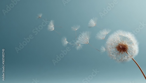 Delicate dandelion seeds floating on light teal background