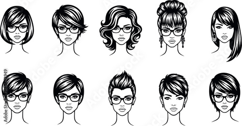 Stylish hairstyle collection, trendy haircuts illustration, elegant updos, modern bobs, classic curls, beauty fashion design, hair trends, Adobe Stock image