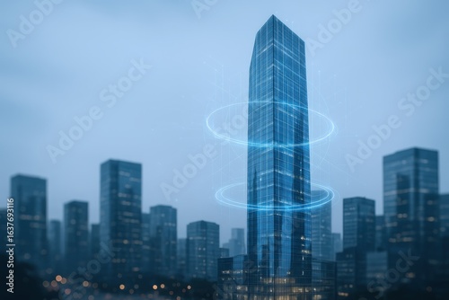 Futuristic Skyscraper with Digital Rings Ascending, Representing Innovation, Connectivity, and Technological Advancement in Urban Environment