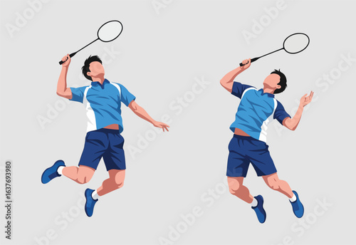 Two Male Athletes Play Badminton in Mid-Air