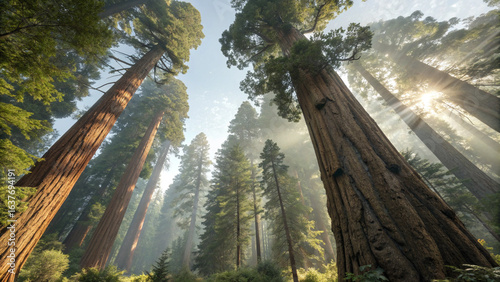 Looking up at the majestic giant sequoia trees in the national park on a sunny day, Ancient redwood tree canopy with sunlight.