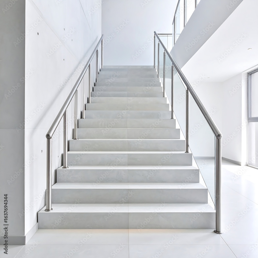 Modern minimalist staircase with white stone steps and glass railings Modern minimalist staircase with white stone steps and glass railings