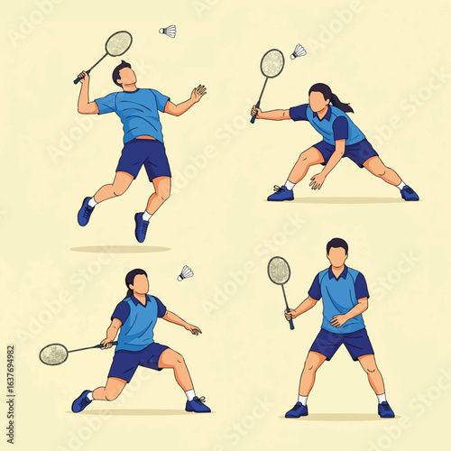 Four Badminton Players Displaying Athletic Poses During Game Play