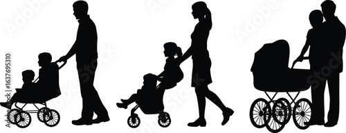 Family, silhouette, stroller, children, walking, parenting, care, vector, black, infant, outdoor, together
