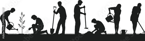 Gardening, silhouette, watering, planting, digging, hoeing, shovel, kneeling, vector, black, care, nature
