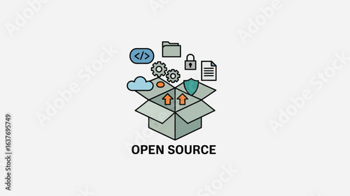 open-source software vector, open box icon, tech banner vector, software development, flat code icon, gear icon, coding symbol,