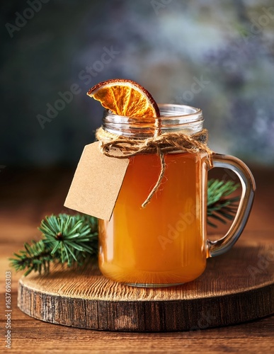 Hot Toddy in Mason Jar. A rustic and warming winter beverage. Hot toddy or mulled cider in a mason jar mug with a cinnamon stick and orange slice, perfect for a cozy, festive fireside moment.