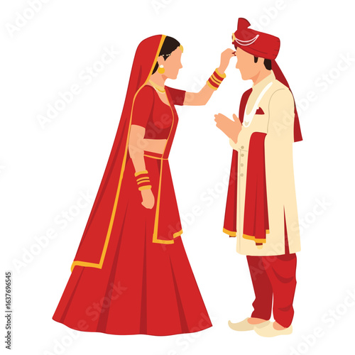 Minimal Hindu Wedding Bride Applying Tilak Ceremony Vector Illustration
