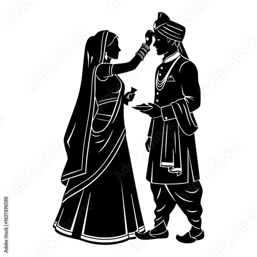 Minimal Hindu Wedding Bride Applying Tilak Ceremony Vector Illustration