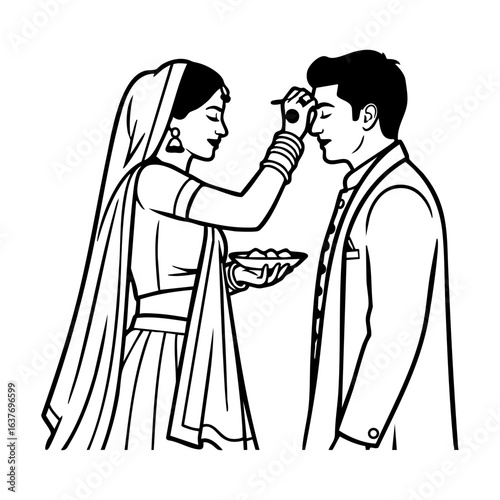 Minimal Hindu Wedding Bride Applying Tilak Ceremony Vector Illustration