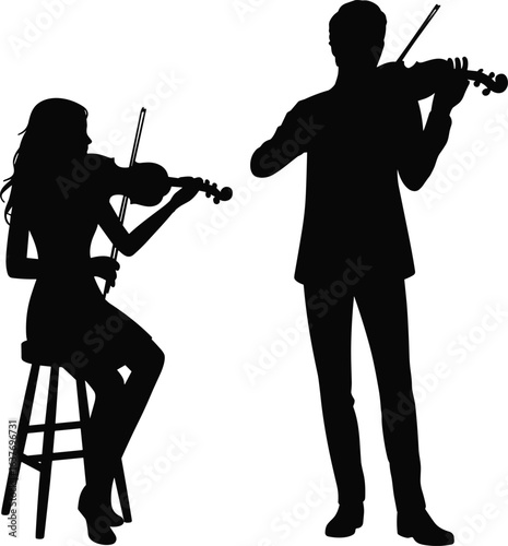 Musicians, silhouette, violin, seated, standing, duet, performance, classical, vector, black, music, concert