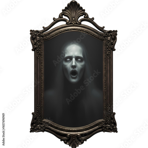 Gothic Horror Reflection: Eerie Antique Mirror with Spectral Figure