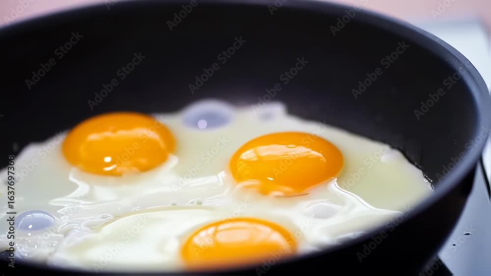 Three fried eggs in a black pan Three fried eggs in a black pan