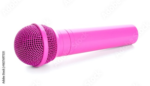 Pink microphone angled on white background