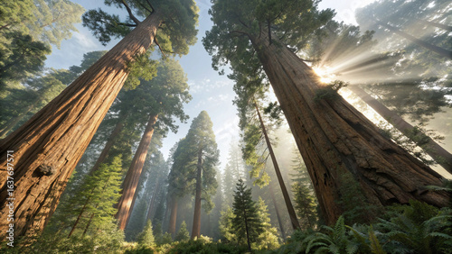 Looking up at the majestic giant sequoia trees in the national park on a sunny day, Ancient redwood tree canopy with sunlight.