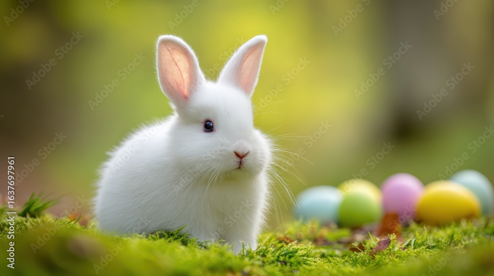 Obraz premium Adorable White Rabbit Amongst Colorful Eggs, Perfect for Easter-Themed Projects and Springtime Celebrations